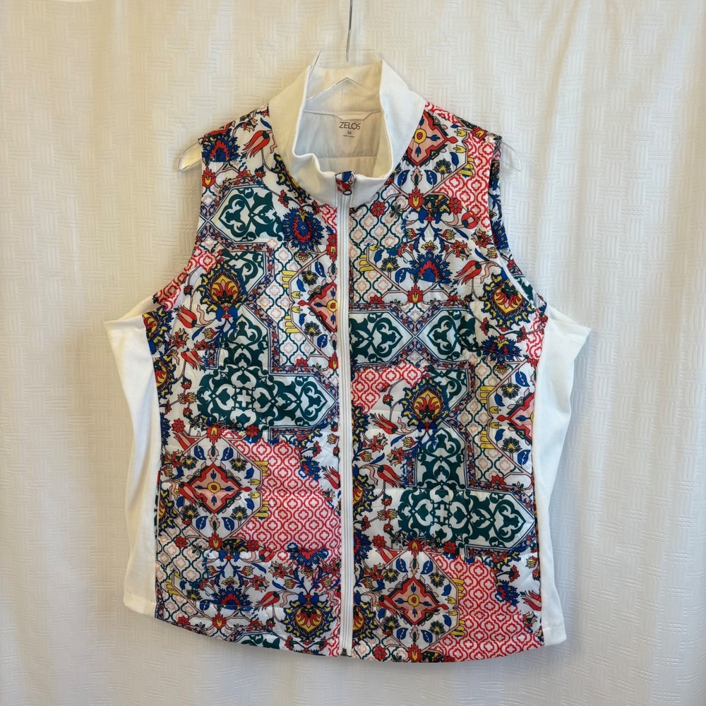 Zelos Womens 3X Quilted Puffer Vest Mosaic‎ Tile Print Full Zip Ribbed Mock Neck